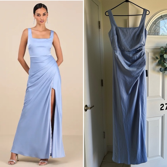 NWT Red Carpet Romance Light Blue Satin Square Neck Maxi Dress Size Small - Picture 1 of 9